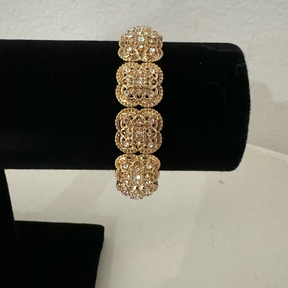 Gold Tone Elasticized Crystal Embellished Medallion Bracelet - Picture 2 of 3